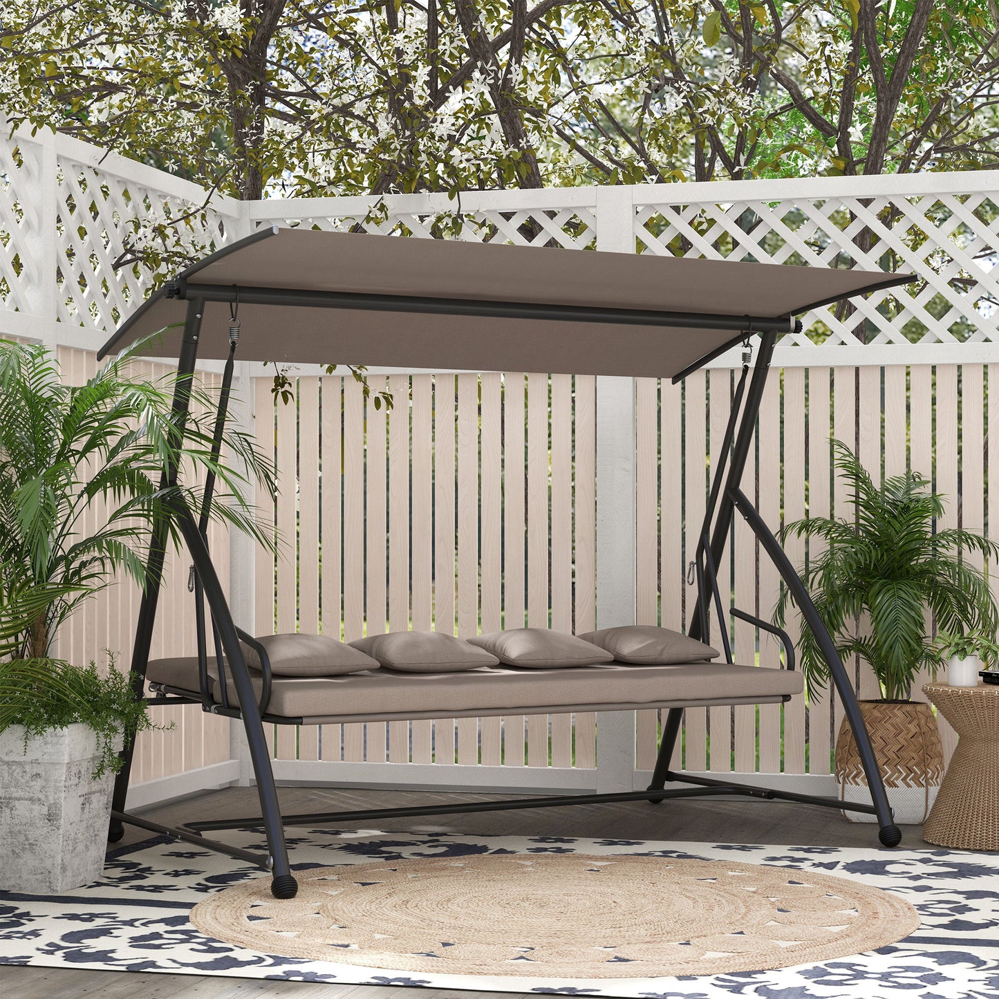 3 Seater Porch Swing Convertible Swing Chair Bed Cushioned Light Brown