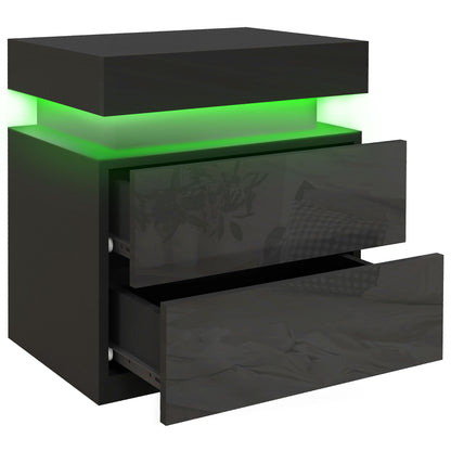 Nightstand with LED Lights and 2 Drawers - Black