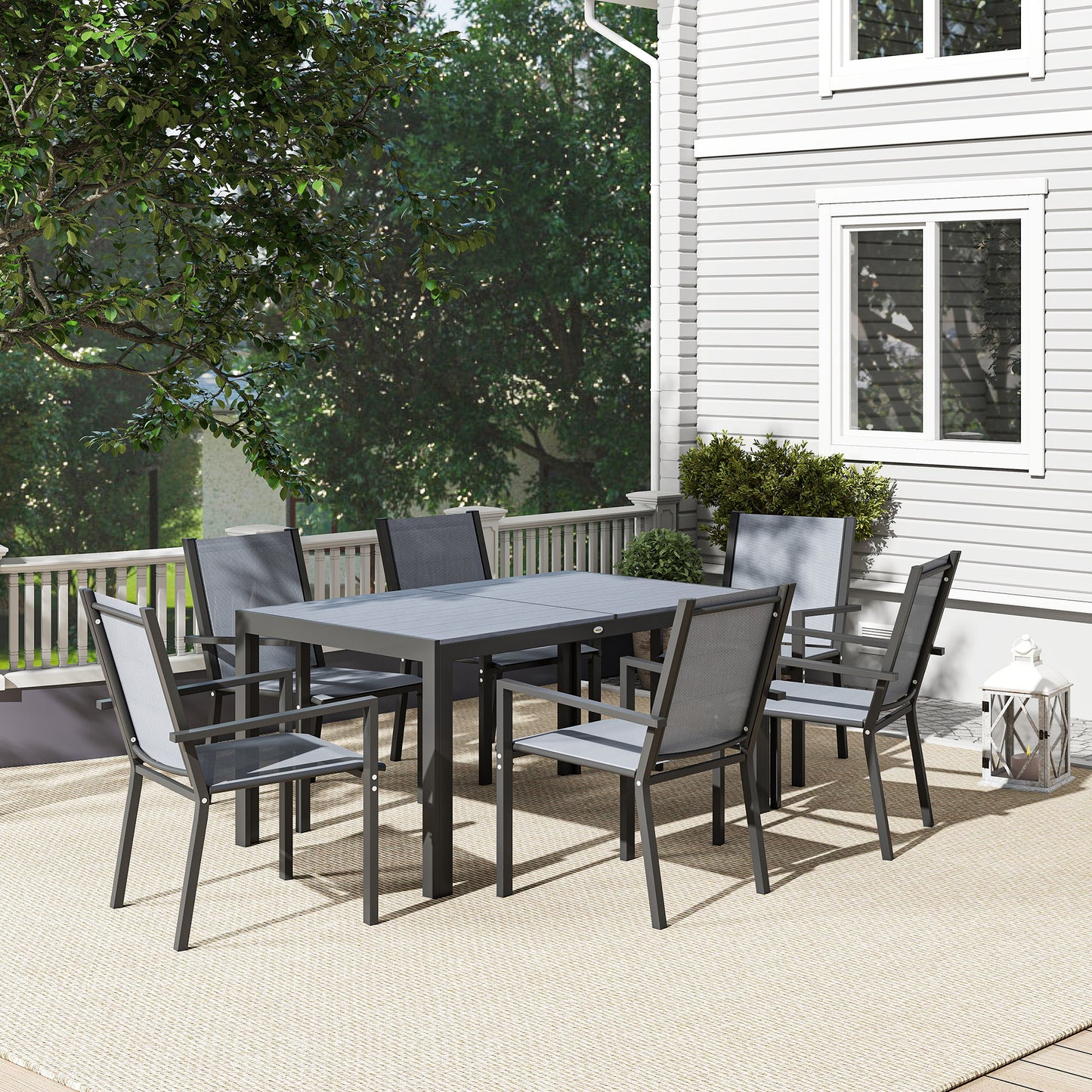 7 Piece Outdoor Dining Set with Rectangular Table and 6 Stackable Chairs, for Backyard, Lawn, Deck, Balcony, Pool Side
