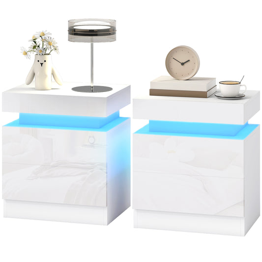 LED Nightstand Set of 2 with 2 Drawers - White