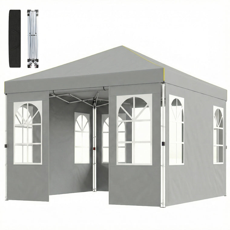 9.6' x 9.6' Light Grey Pop-Up Canopy Tent with 4 Sidewalls