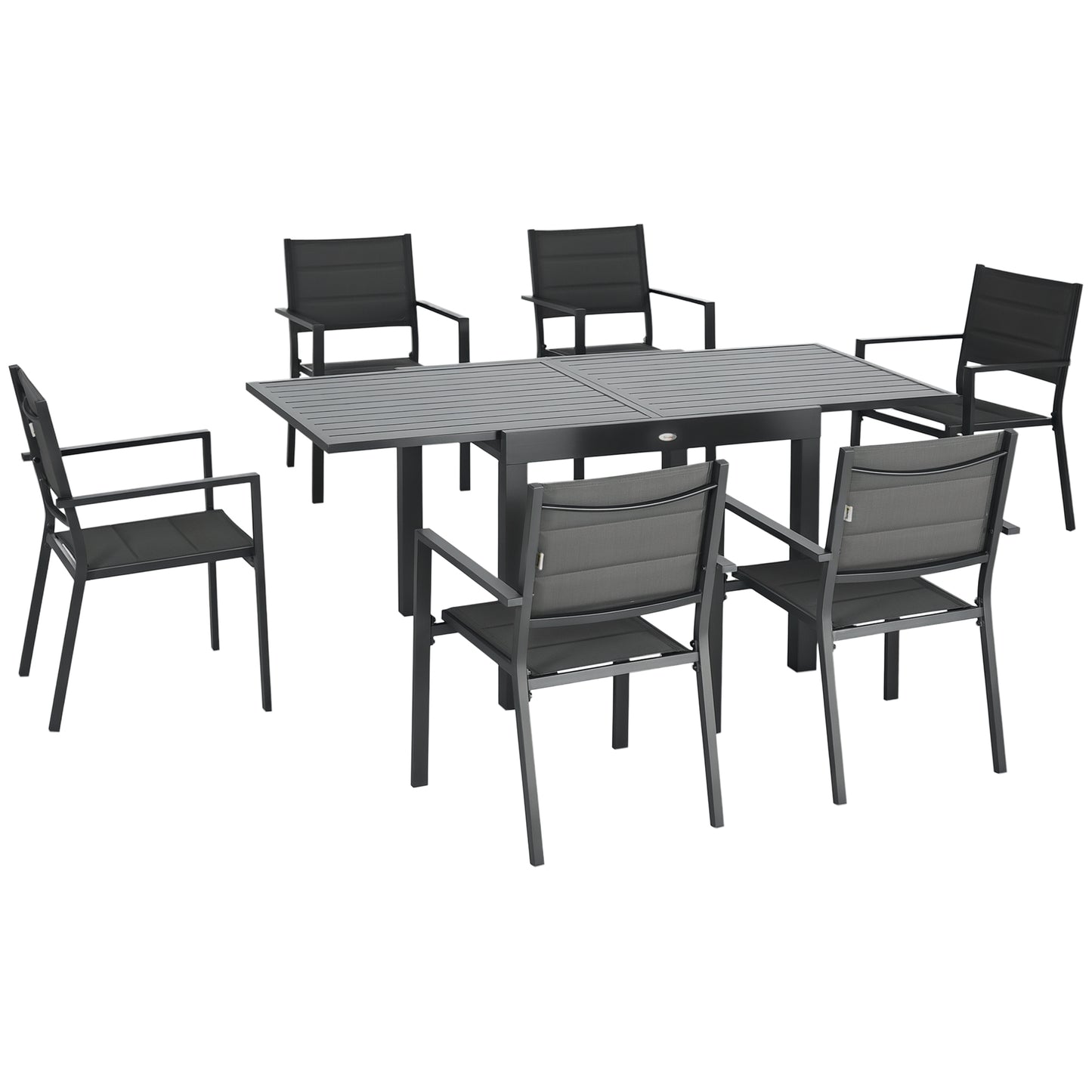 Patio Dining Set for 6, Aluminum Expandable Outdoor Table and 6 Stackable Chairs with Padded Back, Mesh Seat, Black