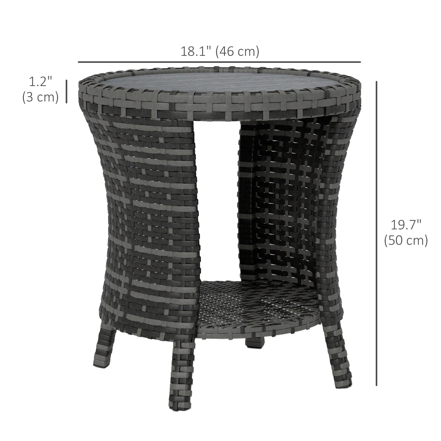 18" Wicker Outdoor Coffee Table, PE Rattan Patio Side Table with 2-Tier Storage, Composite Wood Top, Grey