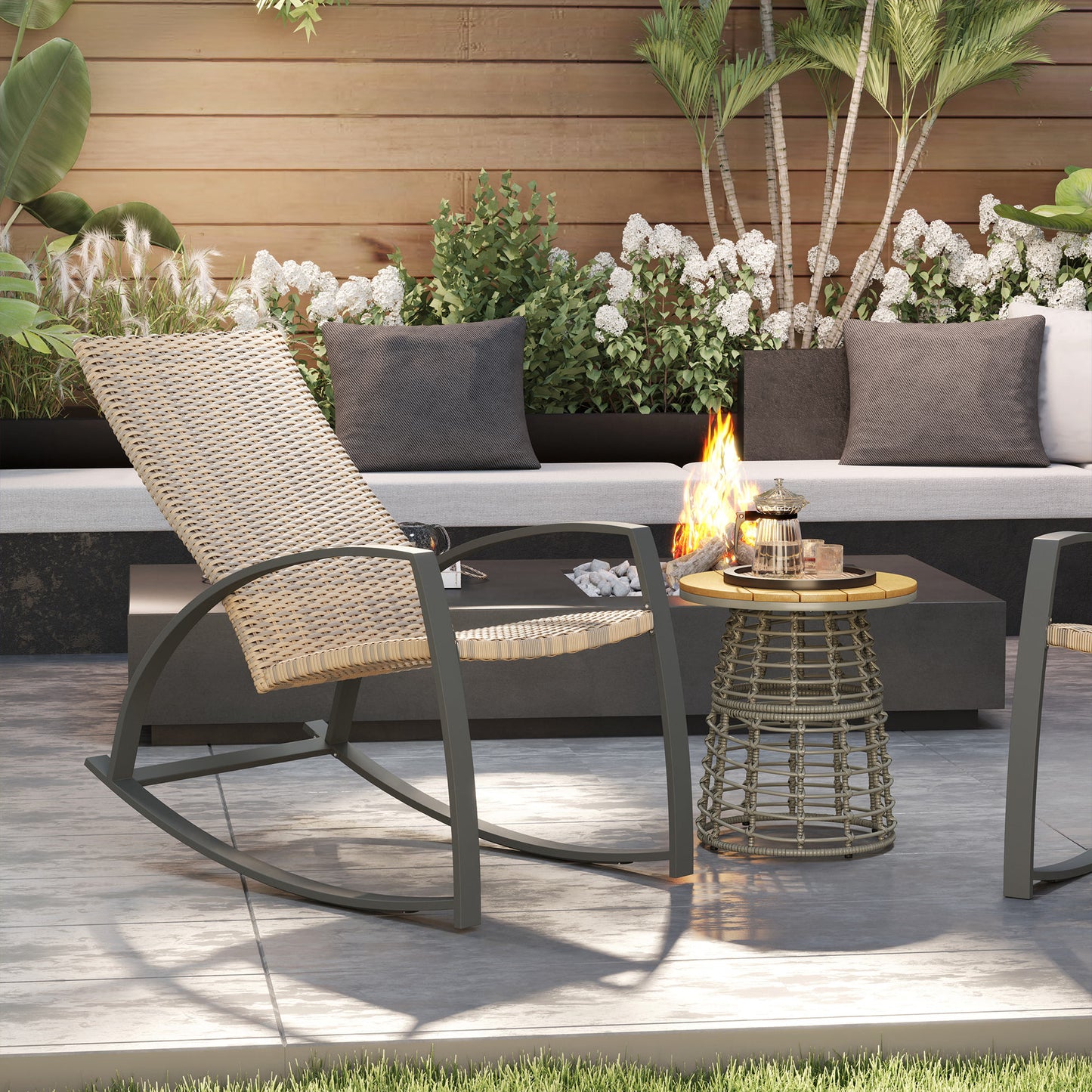2 Pieces Wicker Patio Rocking Chair Set, Rattan Outdoor Rocking Chair Set with High Back, Armrests for Garden, Khaki