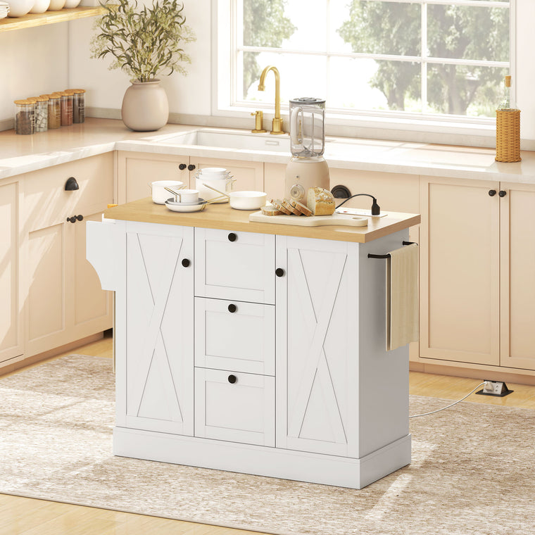 49" Farmhouse Kitchen Island Cart with Power Outlet