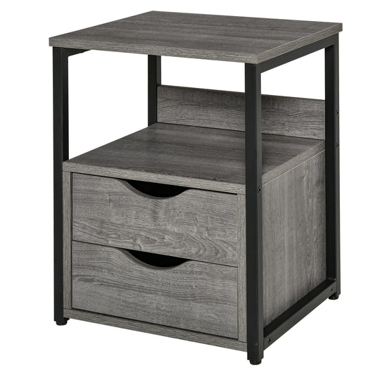 Industrial Nightstand with 2 Drawers and Shelf - Grey