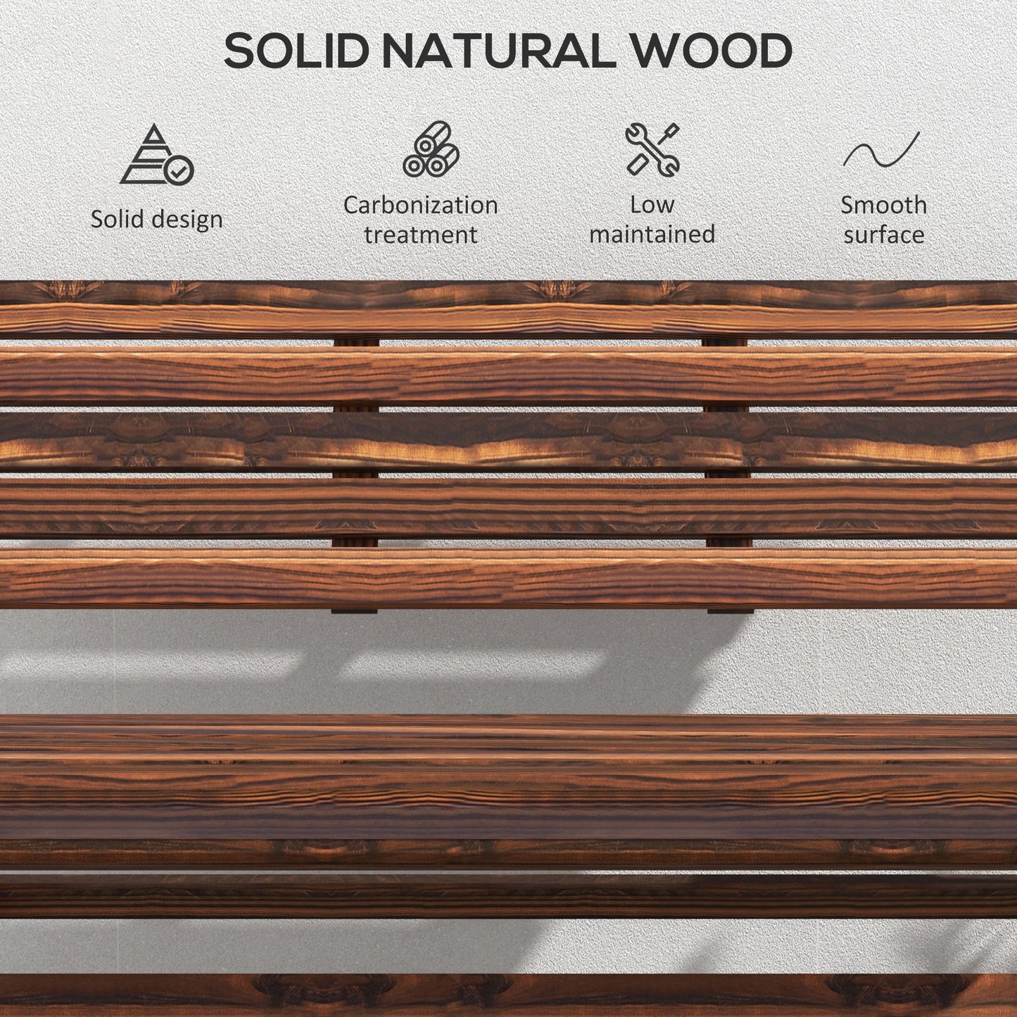 2-Seater Wooden Outdoor Bench, Foldable Garden Bench with Slatted Backrest and Seat, Patio Loveseat, Carbonised Finish