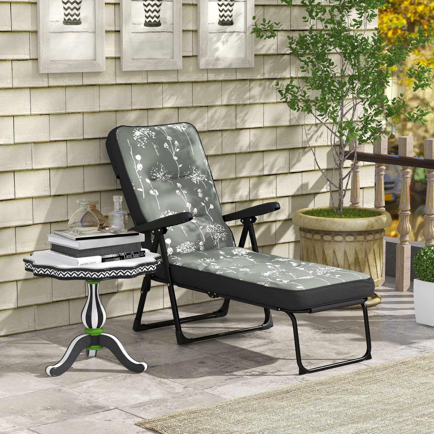 Folding Outdoor Lounge Chair with Cushion, Adjustable Backrest, Reclining Patio Garden Chair with Footrest, Wine Red