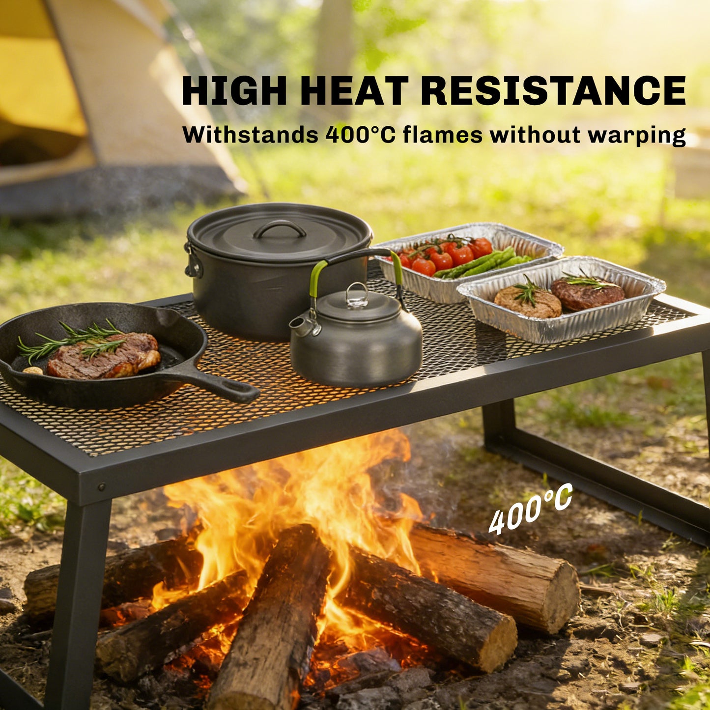 Folding Campfire Grill, 36" x 18" Heavy Duty Carbon Steel Grill Grate with Folding Legs, Black