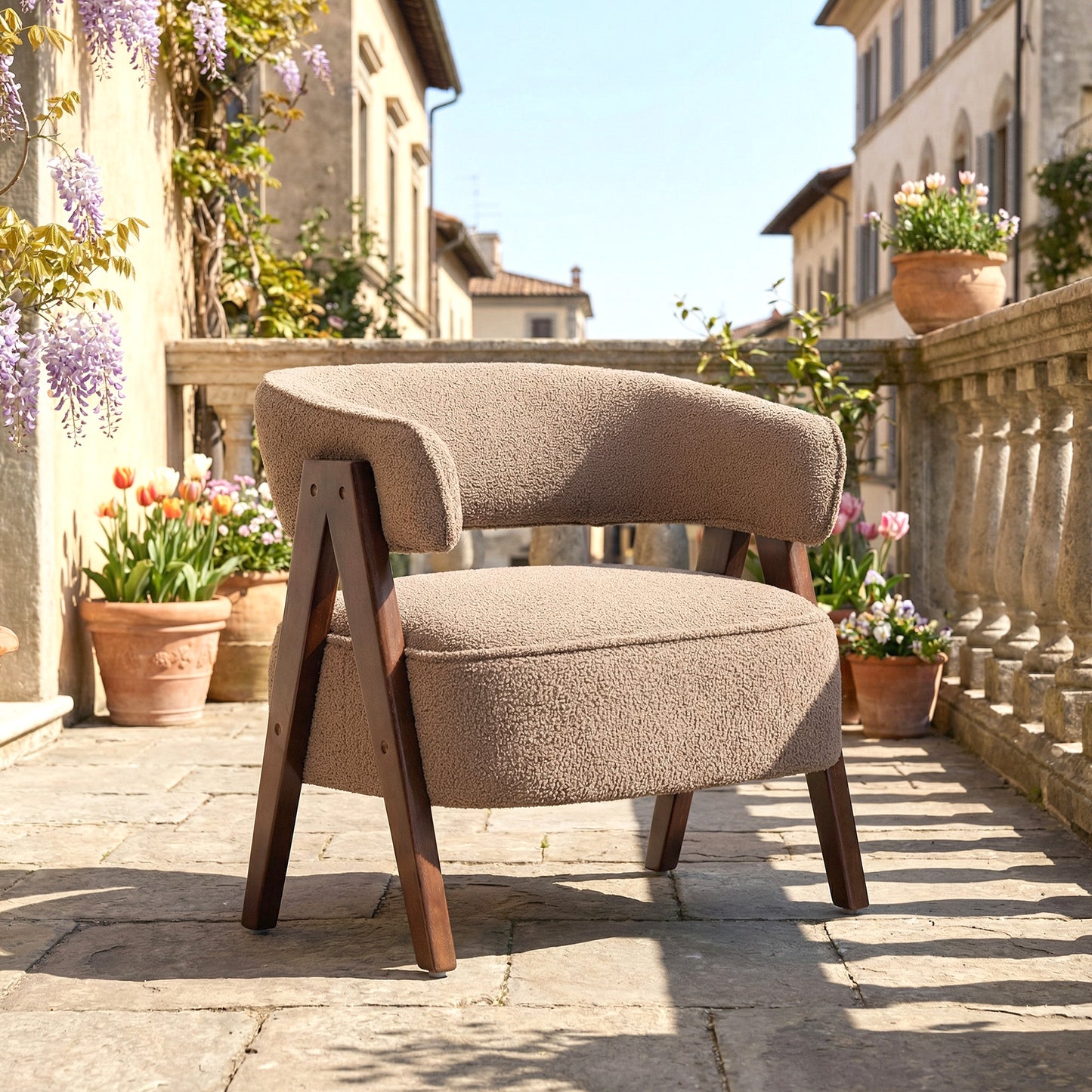 Sherpa Fleece Accent Chair, Upholstered Armchair with Solid Wood Legs and Steel Frame for Living Room, Light Brown