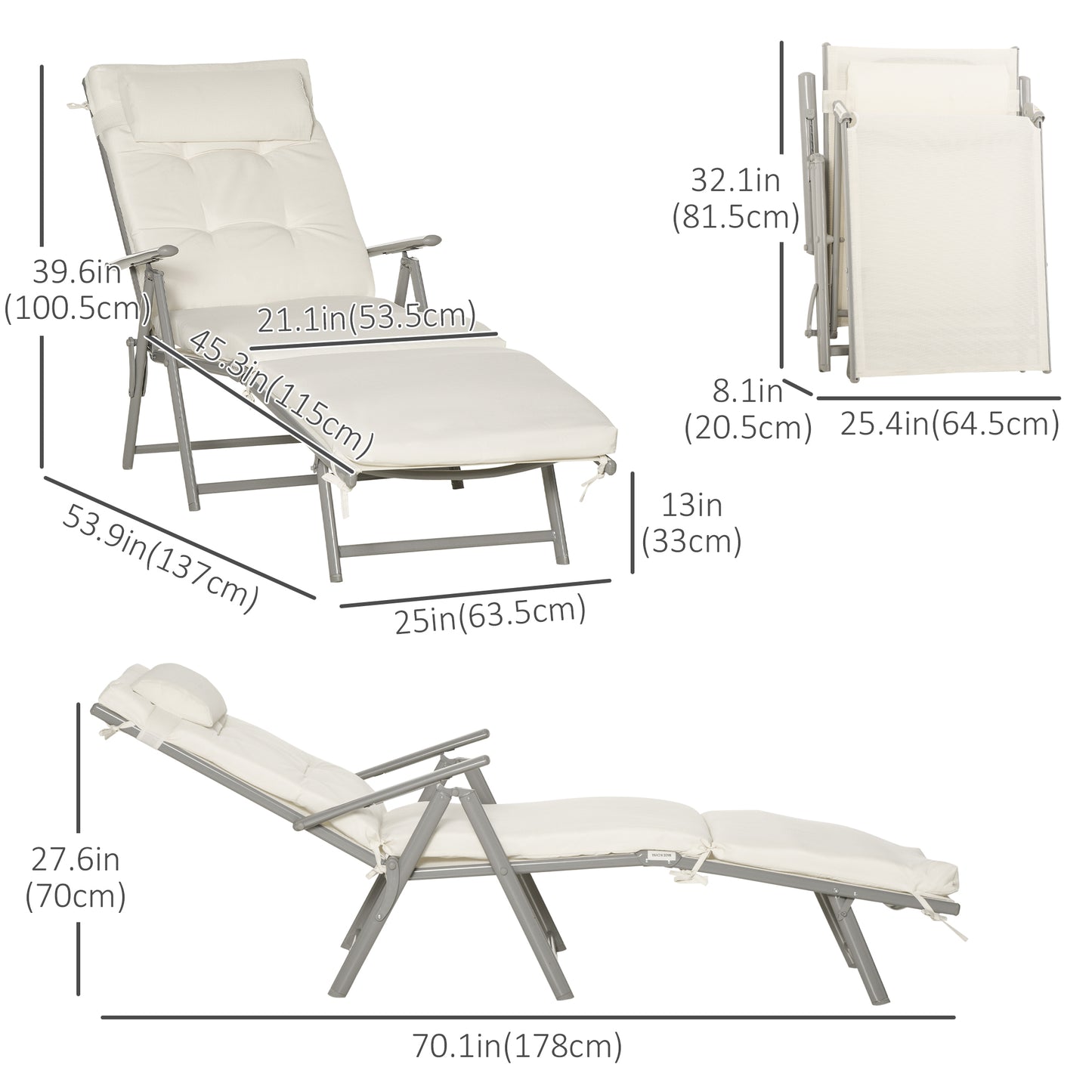 Outdoor Folding Chaise Lounge Chair Recliner with Portable Design, Adjustable Backrest, Cushion and Headrest, Black
