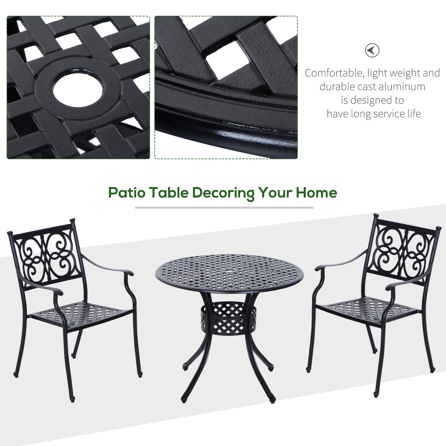 33-Inch Roud Patio Dining Table with Umbrella Hole, Cast Aluminum Garden Table, All Weather Patio Bisto Table, for Lawn, Garden, Outside, Black