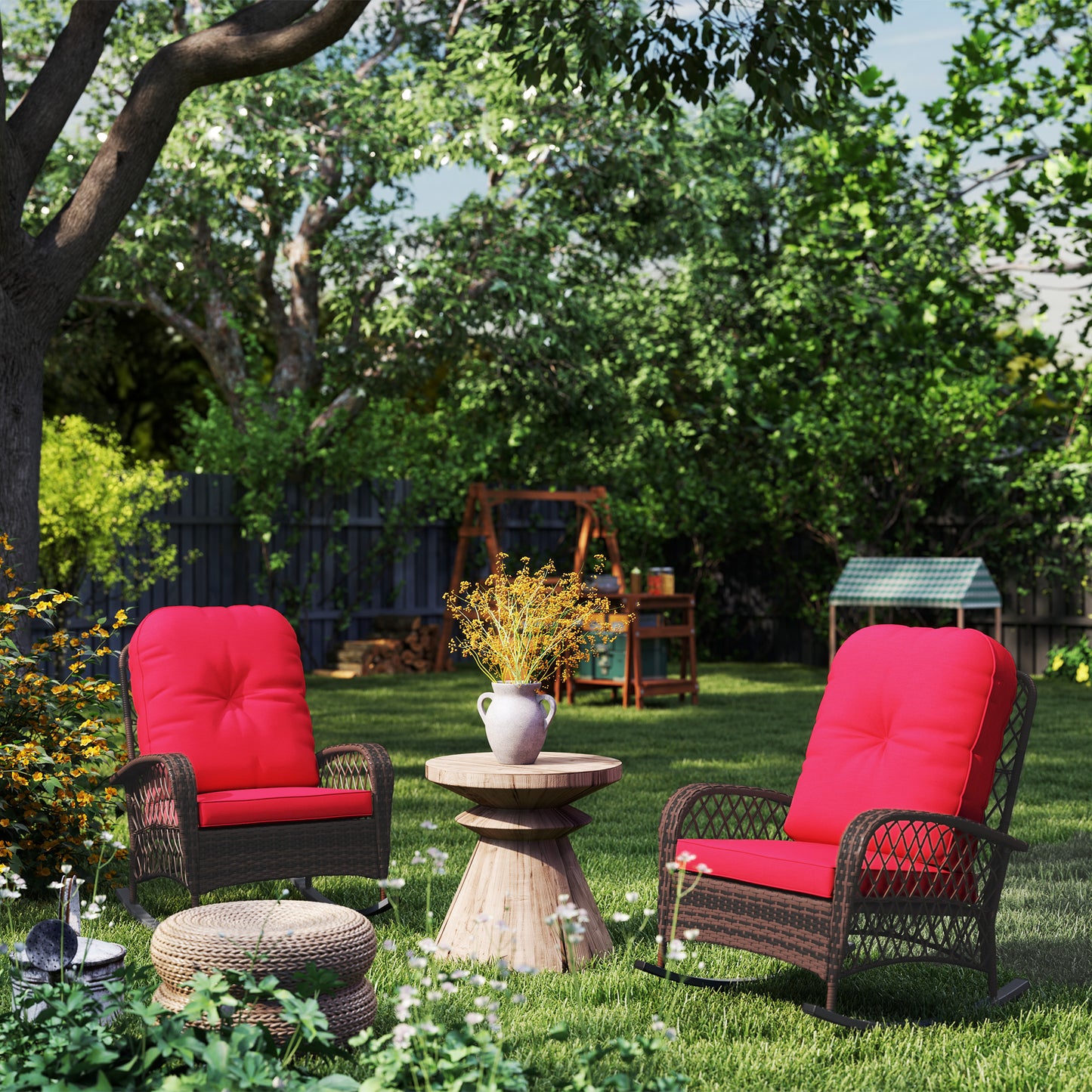 Outdoor Wicker Rattan Rocking Chair Set of 2, Patio Rocker with Thick Cushions for Garden Backyard Porch, Red