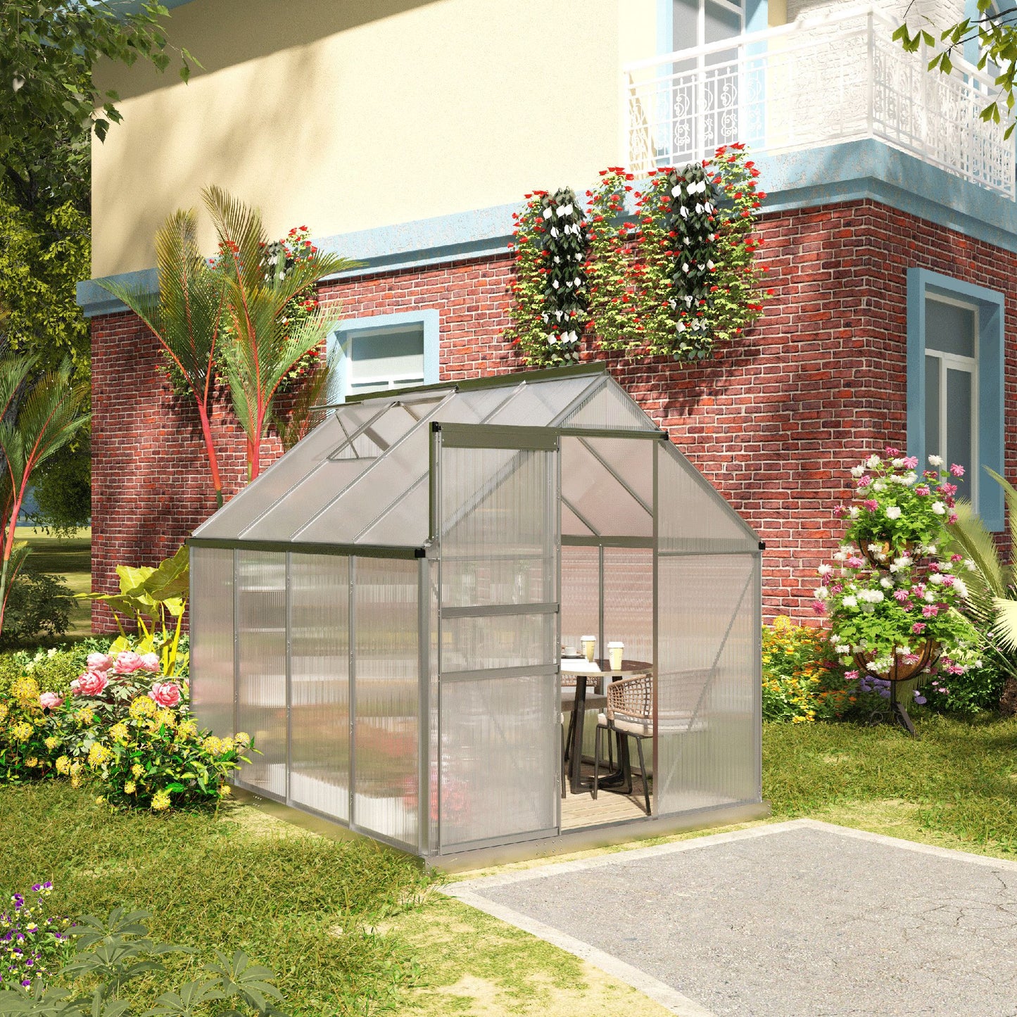 6' x 8' x 6.5' Walk-in Greenhouse, Polycarbonate Greenhouse with Adjustable Roof Vent, Base, Sliding Door, Clear