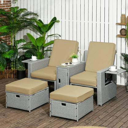 Khaki 5-Piece Wicker Recliner Sofa Bed with Footstools