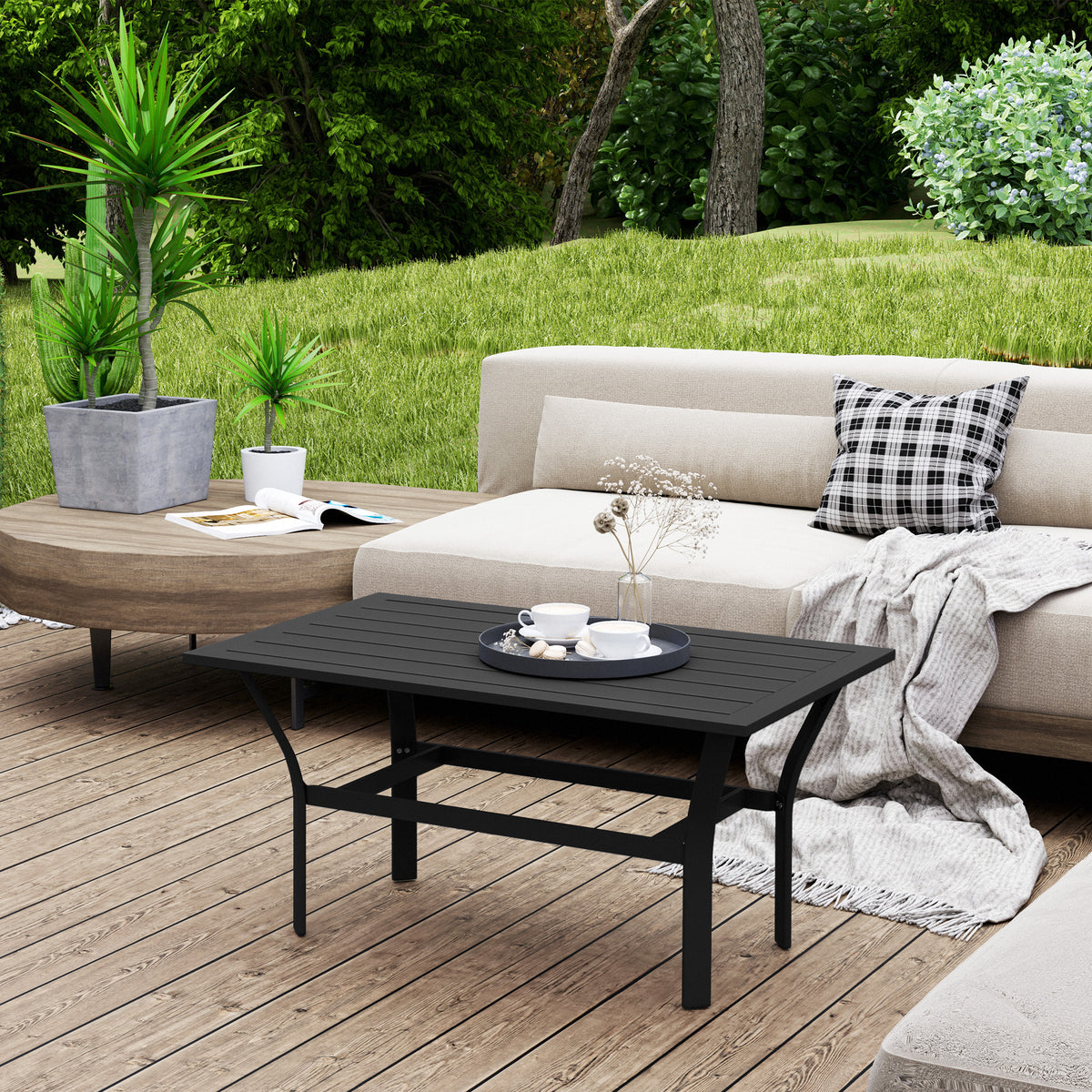 Outdoor Side Table with Slatted Tabletop, Metal Patio Coffee Table for Garden, Balcony, Black