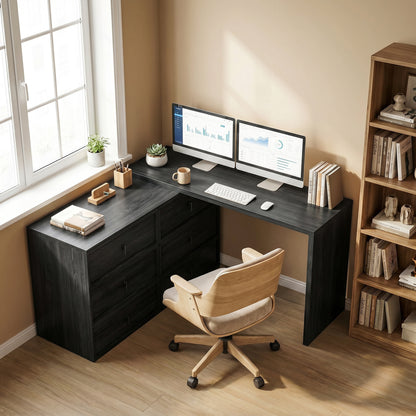 L-Shaped Computer Desk with 6 Drawers