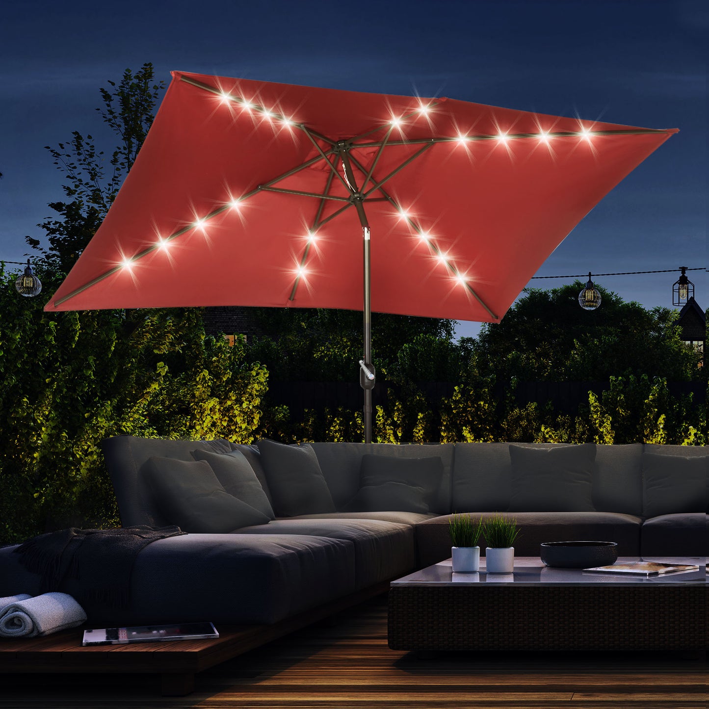 6.5x10ft Patio Umbrella Rectangle Solar Powered Tilt Aluminum Outdoor Market Parasol with LEDs Crank (Wine Red)