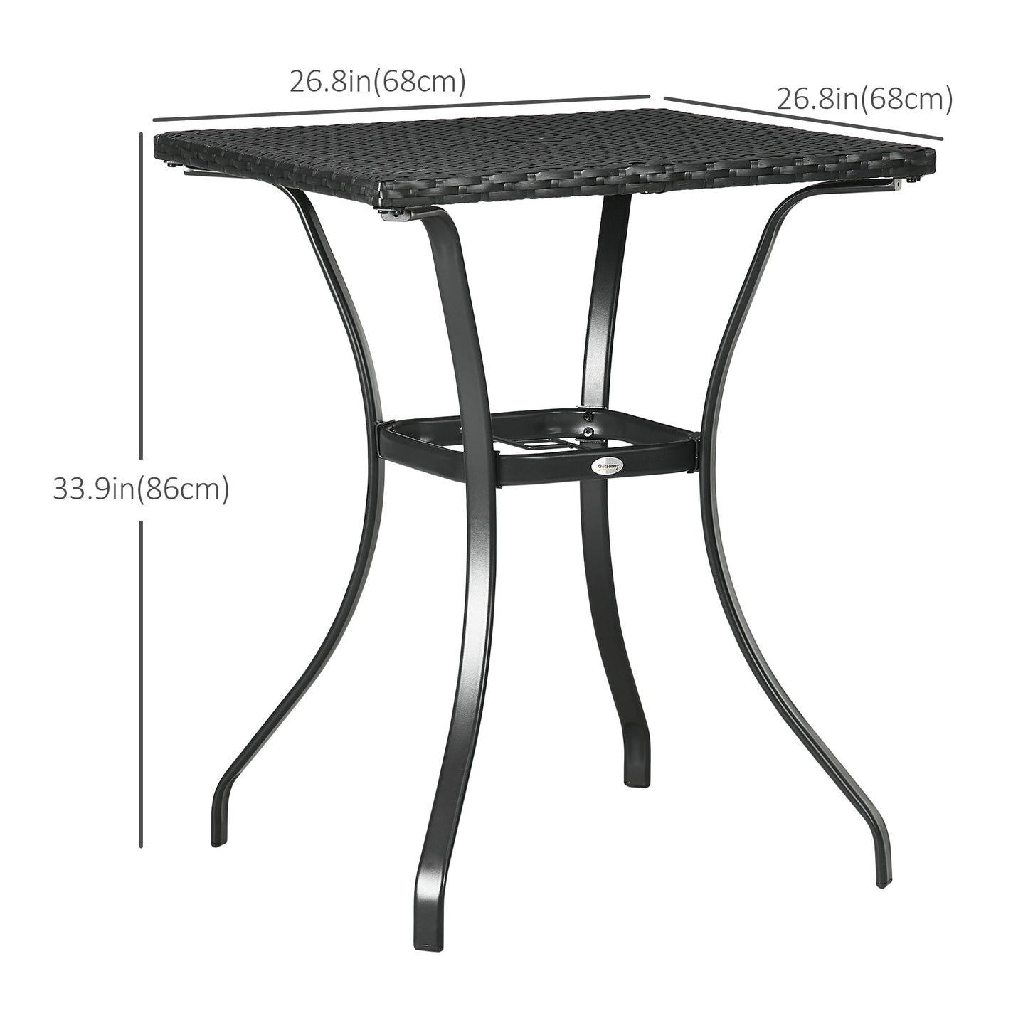 Patio Wicker Dining Table with Umbrella Hole, 34 Inch Outdoor PE Rattan Coffee Table with Plastic Board Under the Woven Table Top for Patio, Garden, Balcony, Mixed Brown