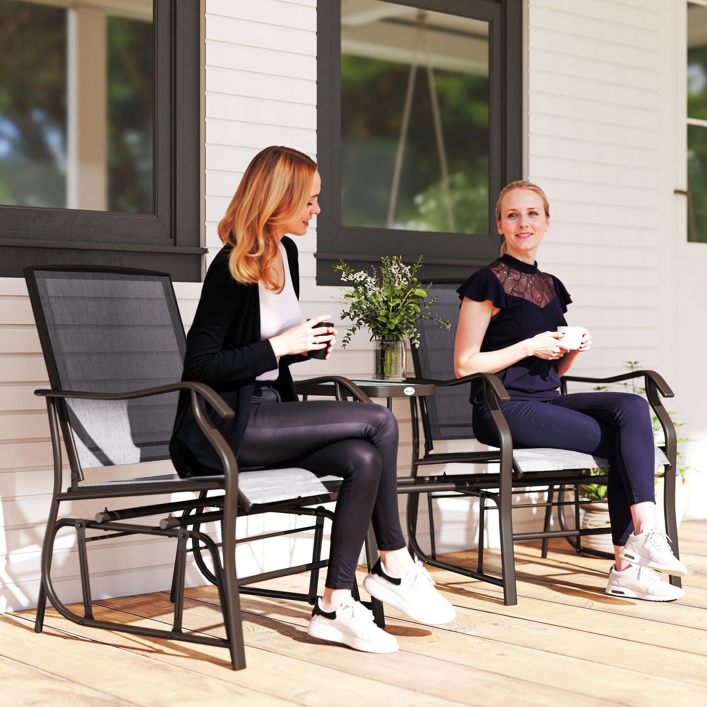 Double Patio Glider Chair with Glass Top Center Table, Outdoor Glider Loveseat with High Back, All Weather Breathable Mesh Fabric for Garden, Backyard, Deck, Grey