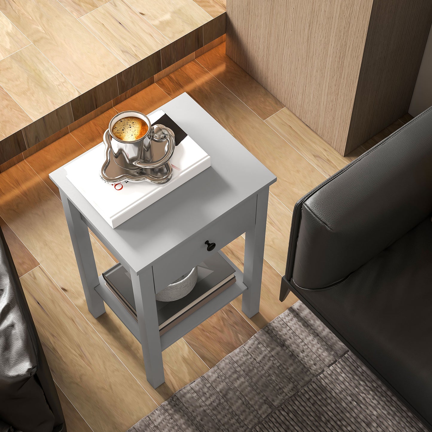 End Tables Set of 2, Side Tables with Drawer and Bottom Shelf, 2-tier Nightstand for Bedroom, Living Room, Grey