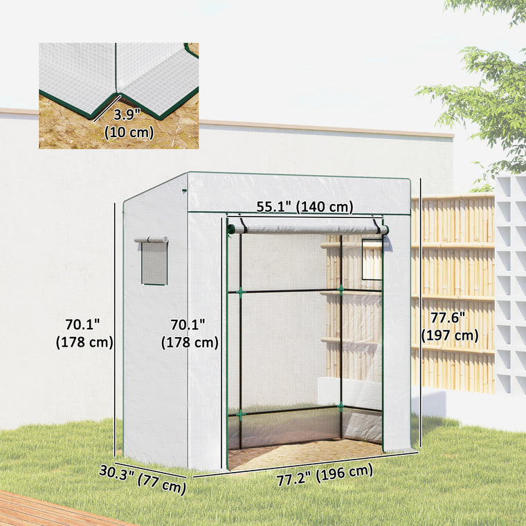 White Lean-To Greenhouse with PE Cover & Roll-Up Door