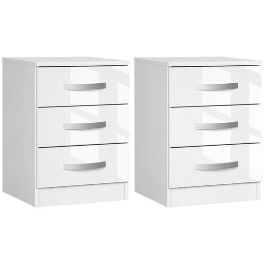 High Gloss Nightstands Set of 2 with 3 Drawers - White