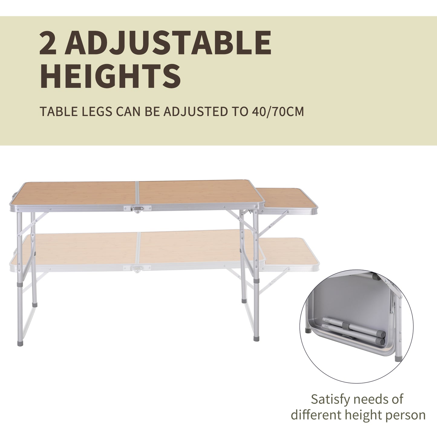 4ft Picnic Table with Slide Shelf Outdoor Portable Aluminum Folding Table 2 Adjustable Height
