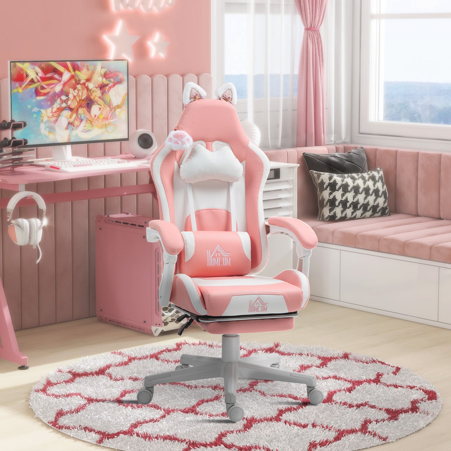 Cute Racing Gamer Chair, Faux Leather Gaming Chair with Footrest, Headrest and Lumbar Support, Pink
