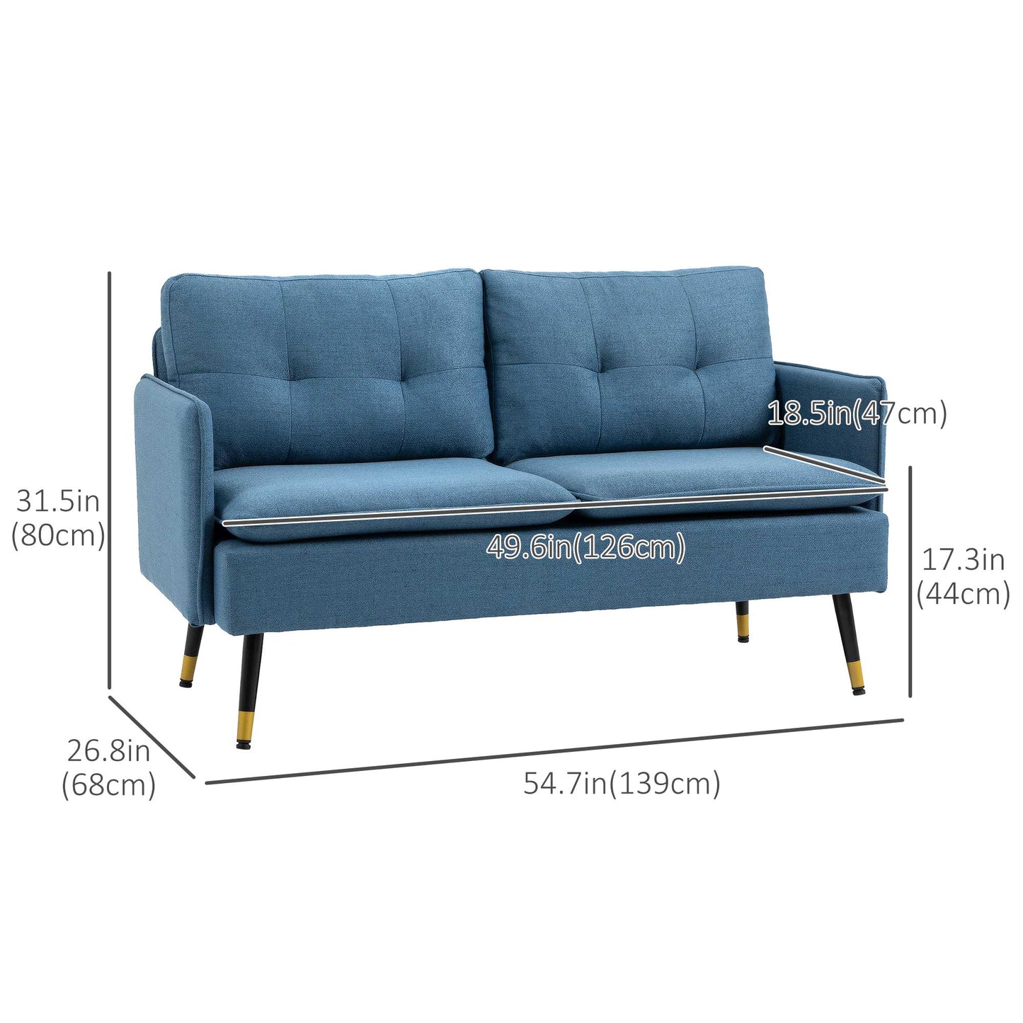 55" Loveseat Sofa, Linen Love Seat w/ S spring, Steel Legs and Button Tufting, Small Couch for Living Room, Dark Blue