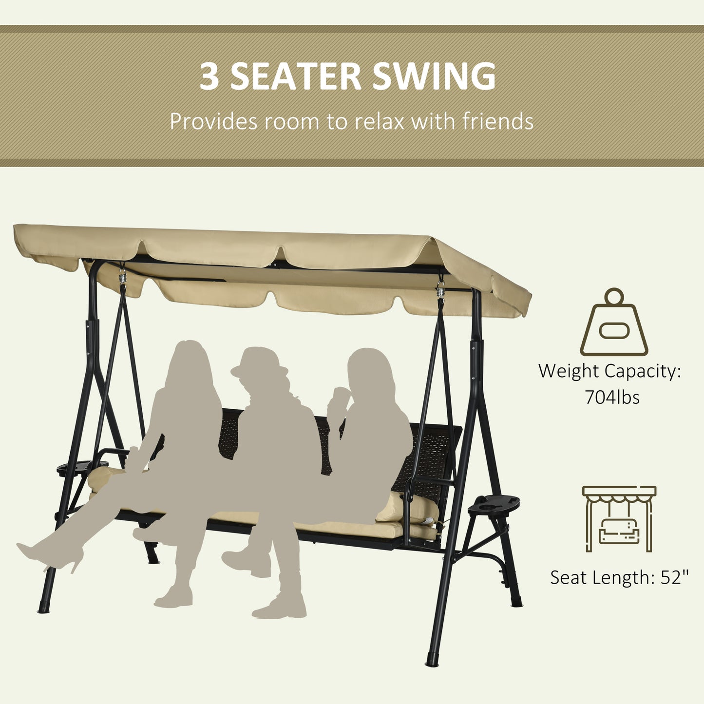 Outdoor 3-Seat Porch Swing with Canopy, Rattan Seat, Removable Cushion, Pillows and Steel Frame
