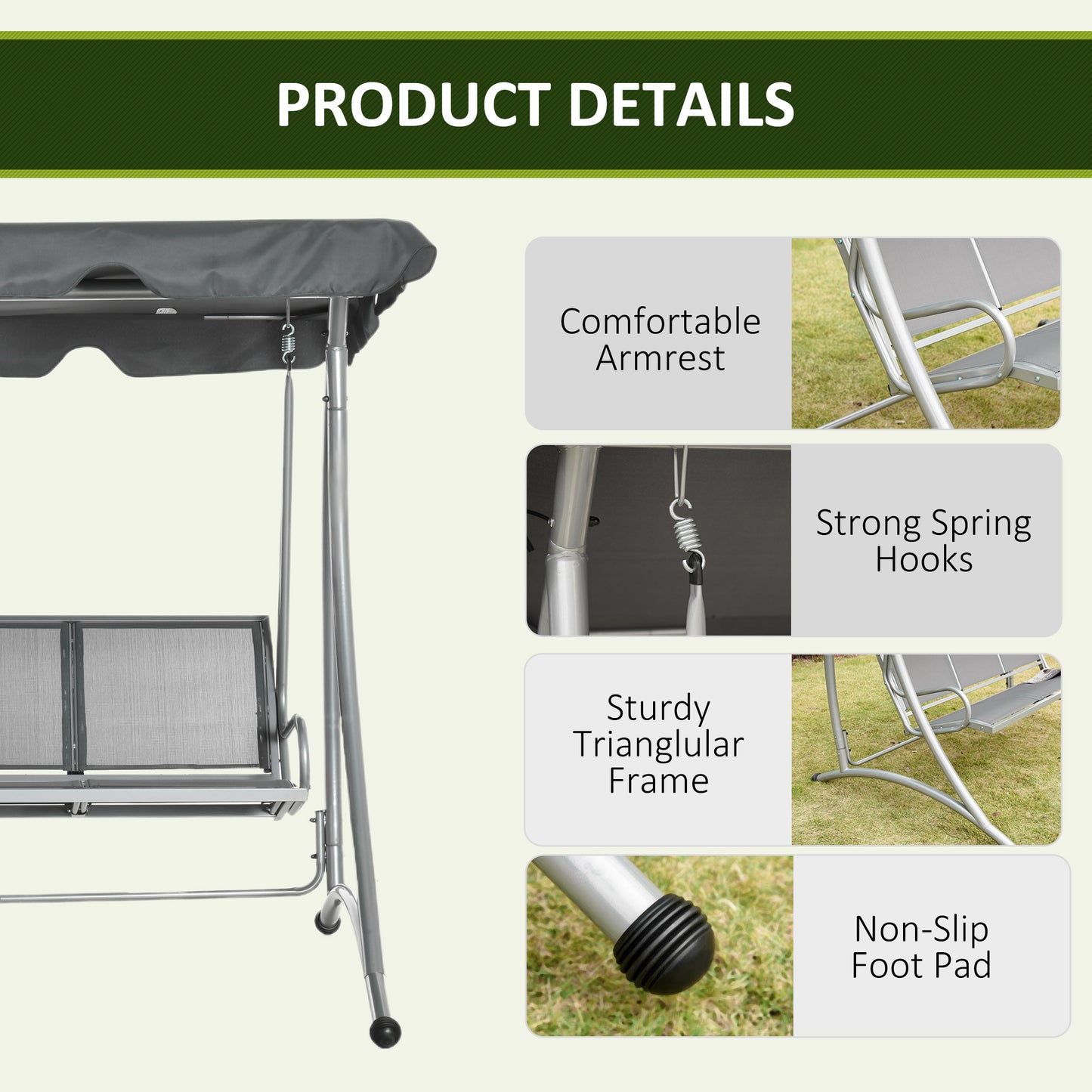3 Person Patio Swing Seats with Adjustable Canopy Outdoor Swing Chair Bench for Garden, Poolside, Dark Grey