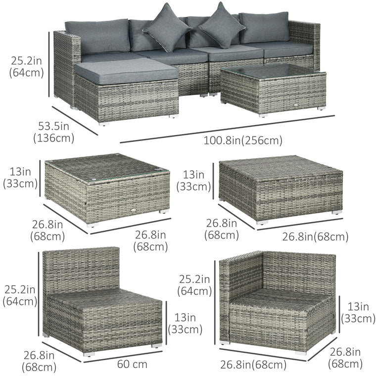 6-Piece PE Rattan Sectional Sofa Set with Glass Top Table
