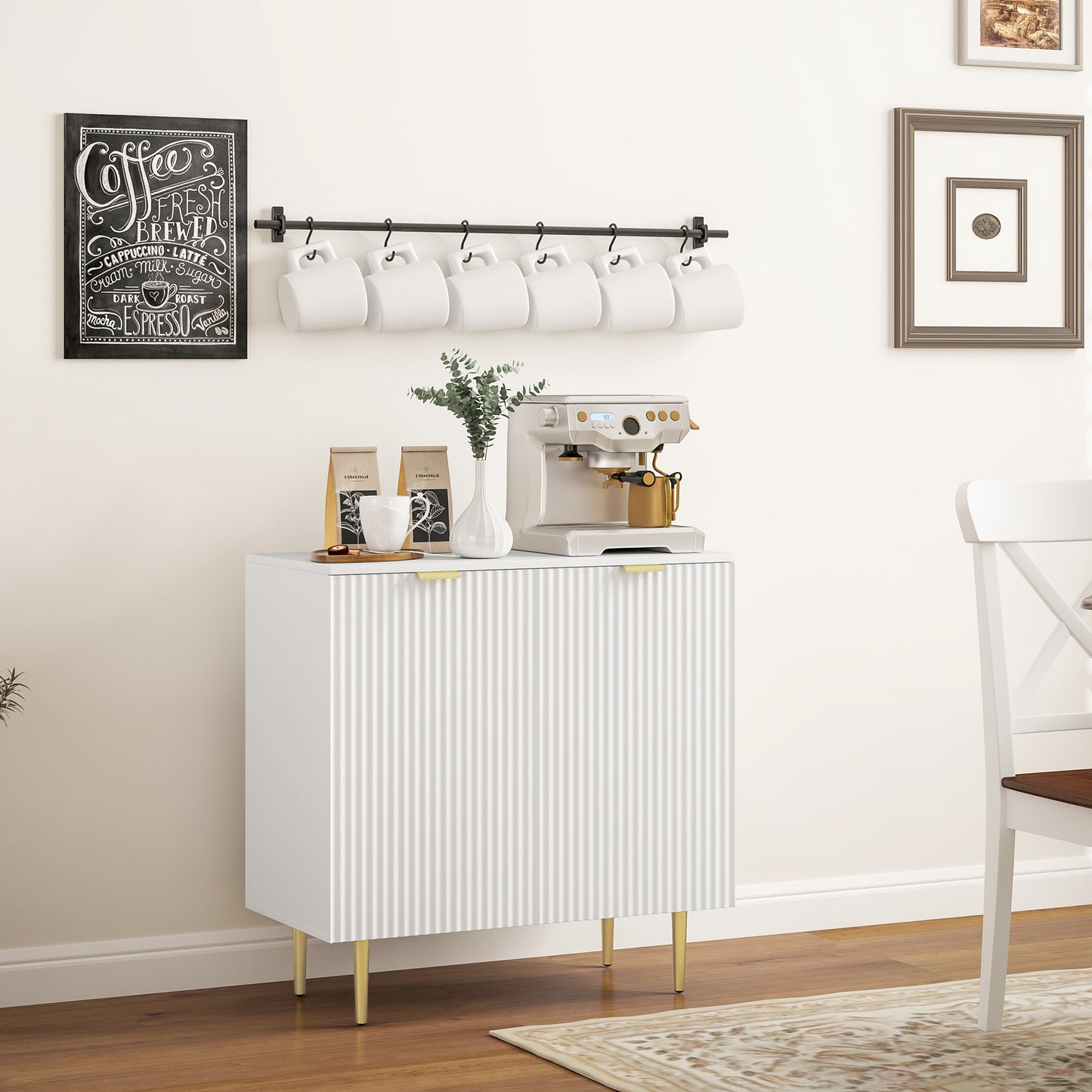 Modern Kitchen Storage Cabinet, Sideboard Buffet Cabinet with Adjustable Shelves and Metal Legs for Kitchen, White