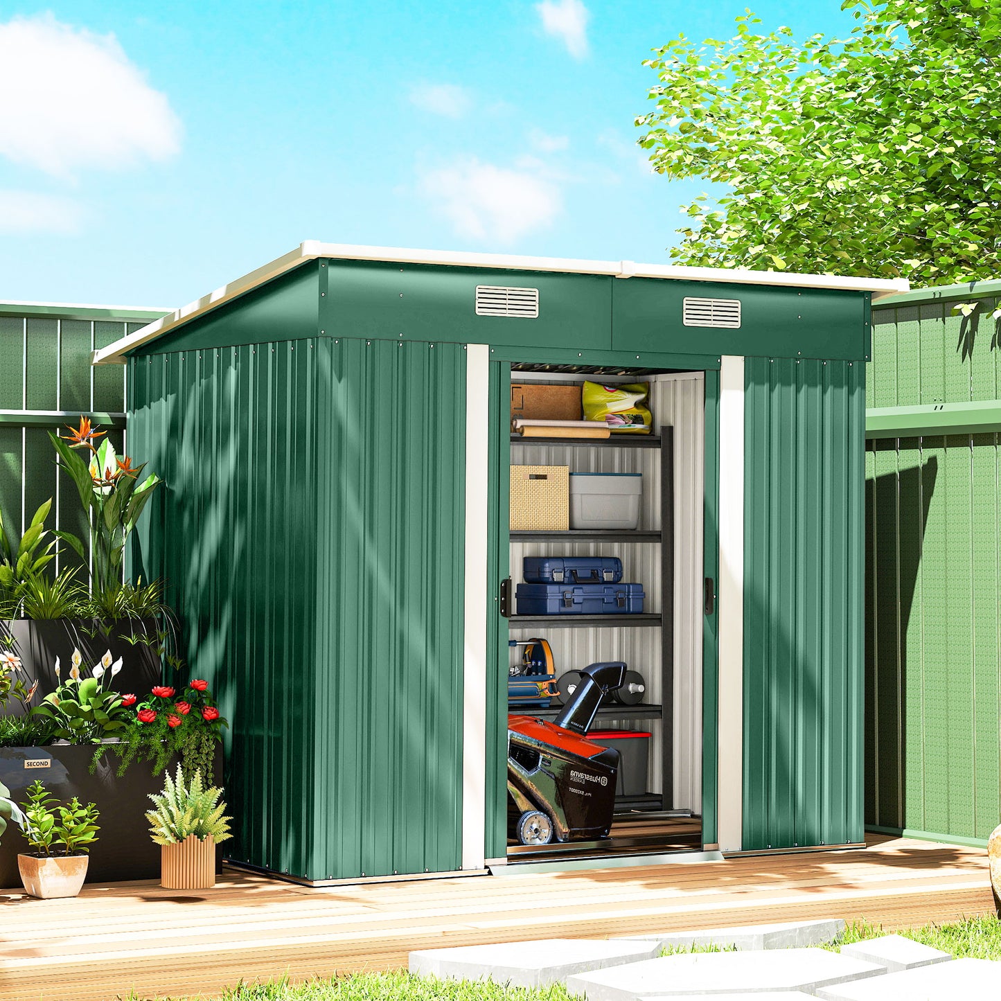 7' x 4' Metal Storage Shed, Lockable Tool Unit - Green