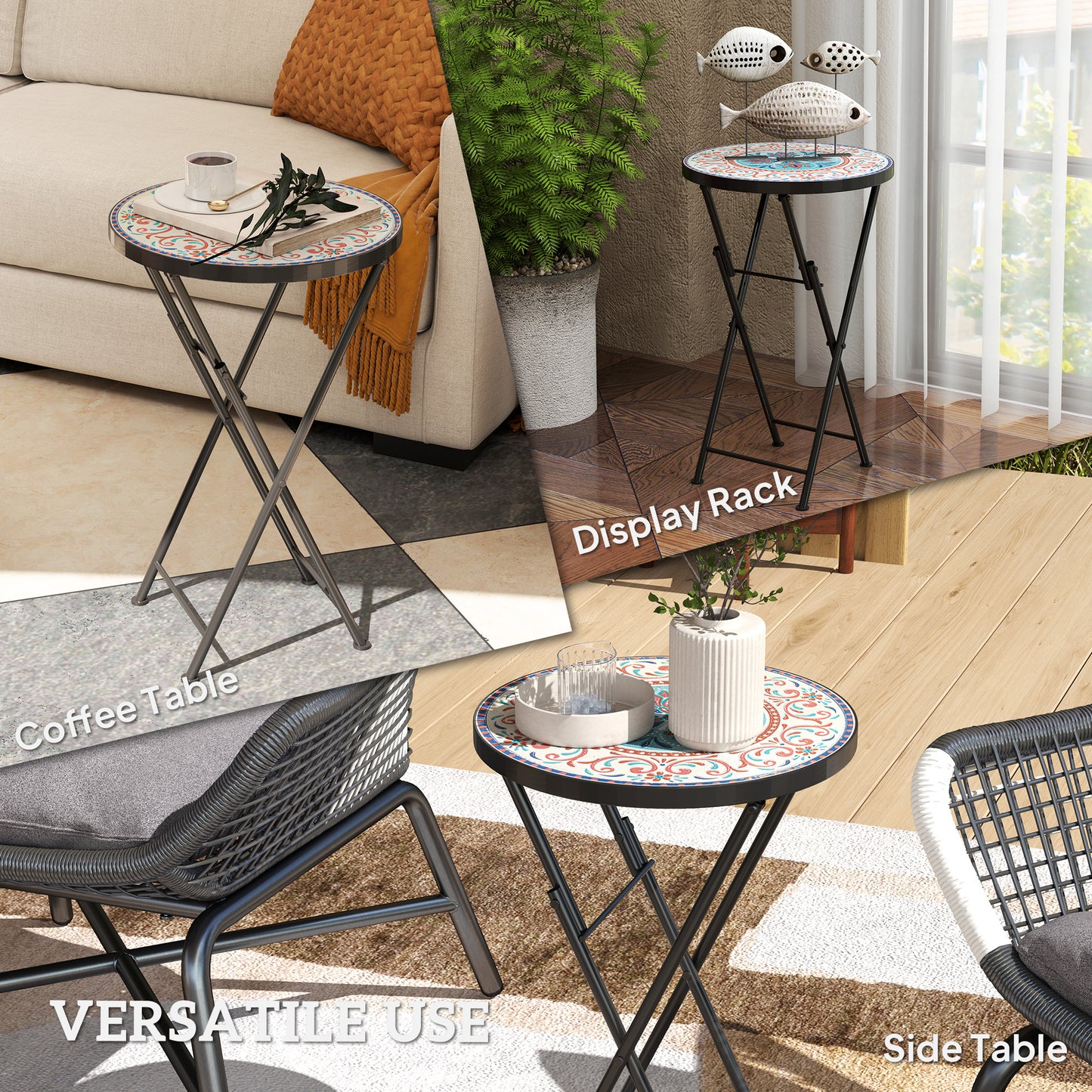 Mosaic Outdoor Patio Side Table, 14" Round Folding Outdoor Coffee Table with Steel Frame for Balcony Deck Patio Terrace, Mixed Colour