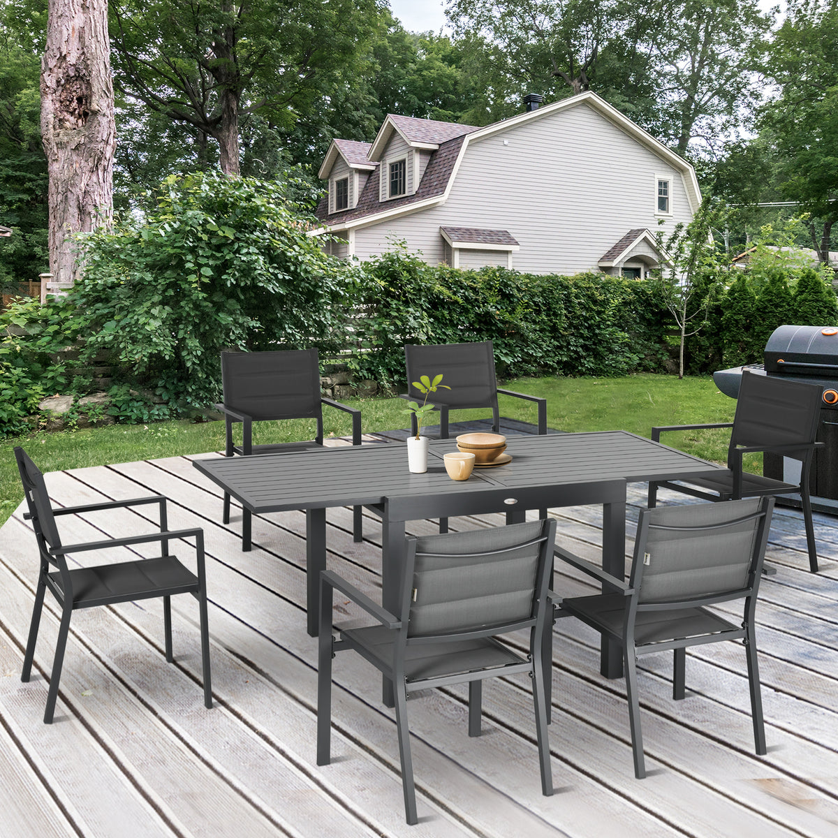 Patio Dining Set for 6, Aluminum Expandable Outdoor Table and 6 Stackable Chairs with Padded Back, Mesh Seat, Black - Dark Grey