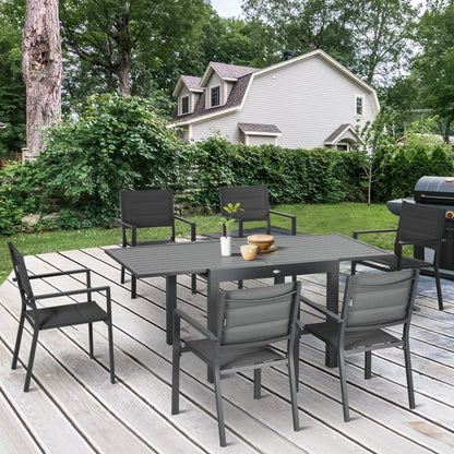 Patio Dining Set for 6, Aluminum Expandable Outdoor Table and 6 Stackable Chairs with Padded Back, Mesh Seat, Black - Dark Grey