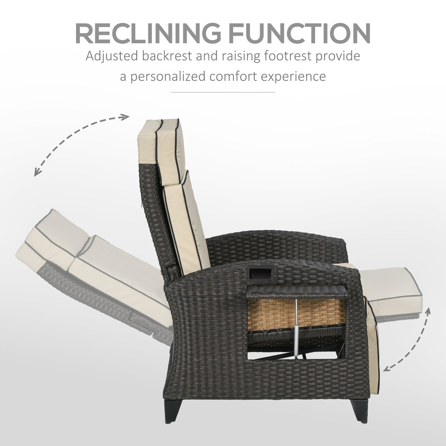 Outdoor Recliner Chair with Adjustable Backrest, Cushion, Side Tray, Black