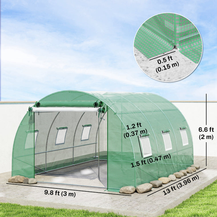 13' x 9.8' x 6.6' Green Tunnel Greenhouse with Mesh Windows
