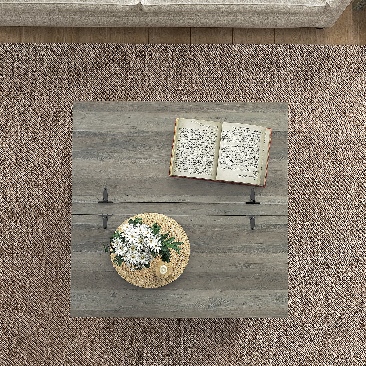 Farmhouse Coffee Table, Square Center Table with Flip-top Lids, Hidden Storage Compartment and Wooden Legs, Distressed Grey