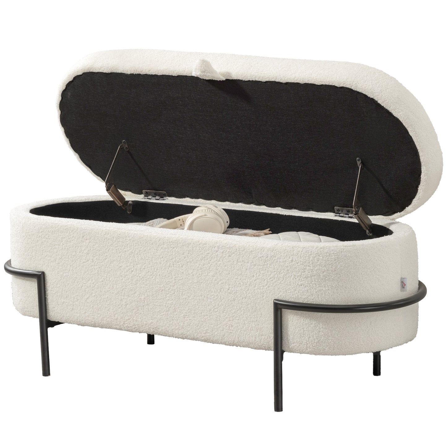 Storage Ottoman with Lift-Up Lid and Steel Legs, 45 Inches Sherpa Fleece Storage Chest for Living Room, Cream White