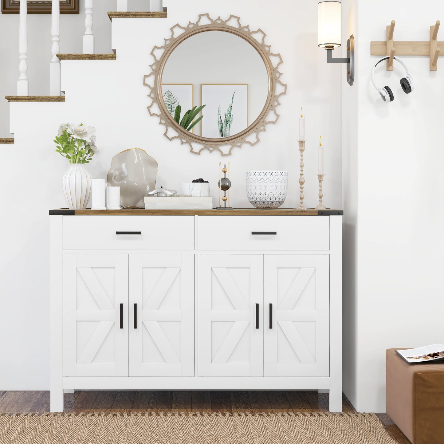 Sideboard Buffet Cabinet, Farmhouse Kitchen Storage Cabinet w/ 2 Drawers and Shelves for Living Room, Entryway