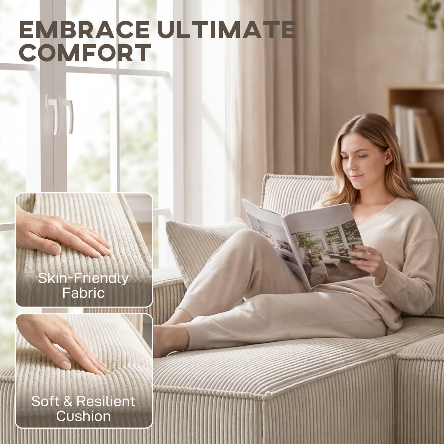 Modular U Shaped Couch, Sectional Sofa with Double Chaises and Spring Cushions, Beige