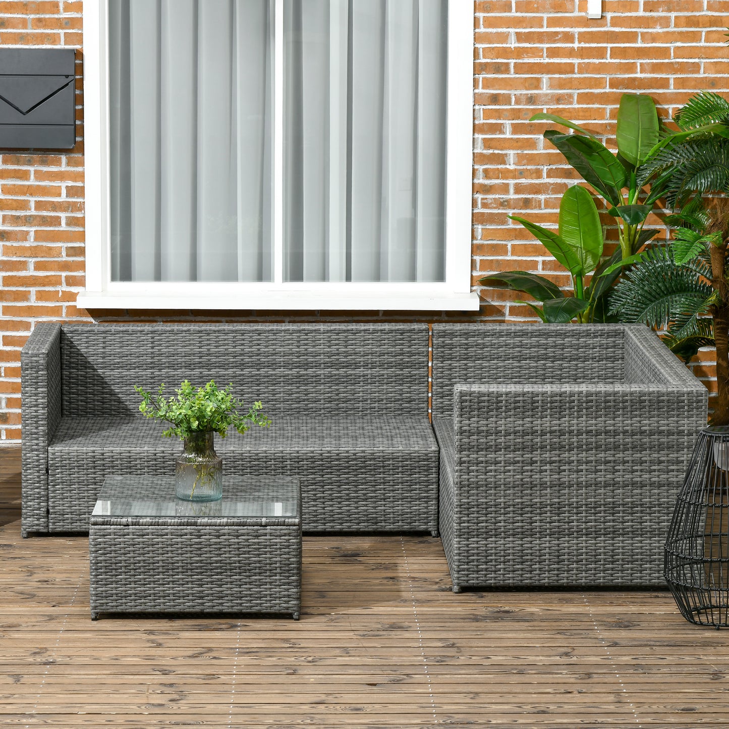 3 Pieces Rattan Wicker Outdoor Conversation Furniture Set w/ Loveseats Coffee Table Cushions for Garden, Patio, Beige