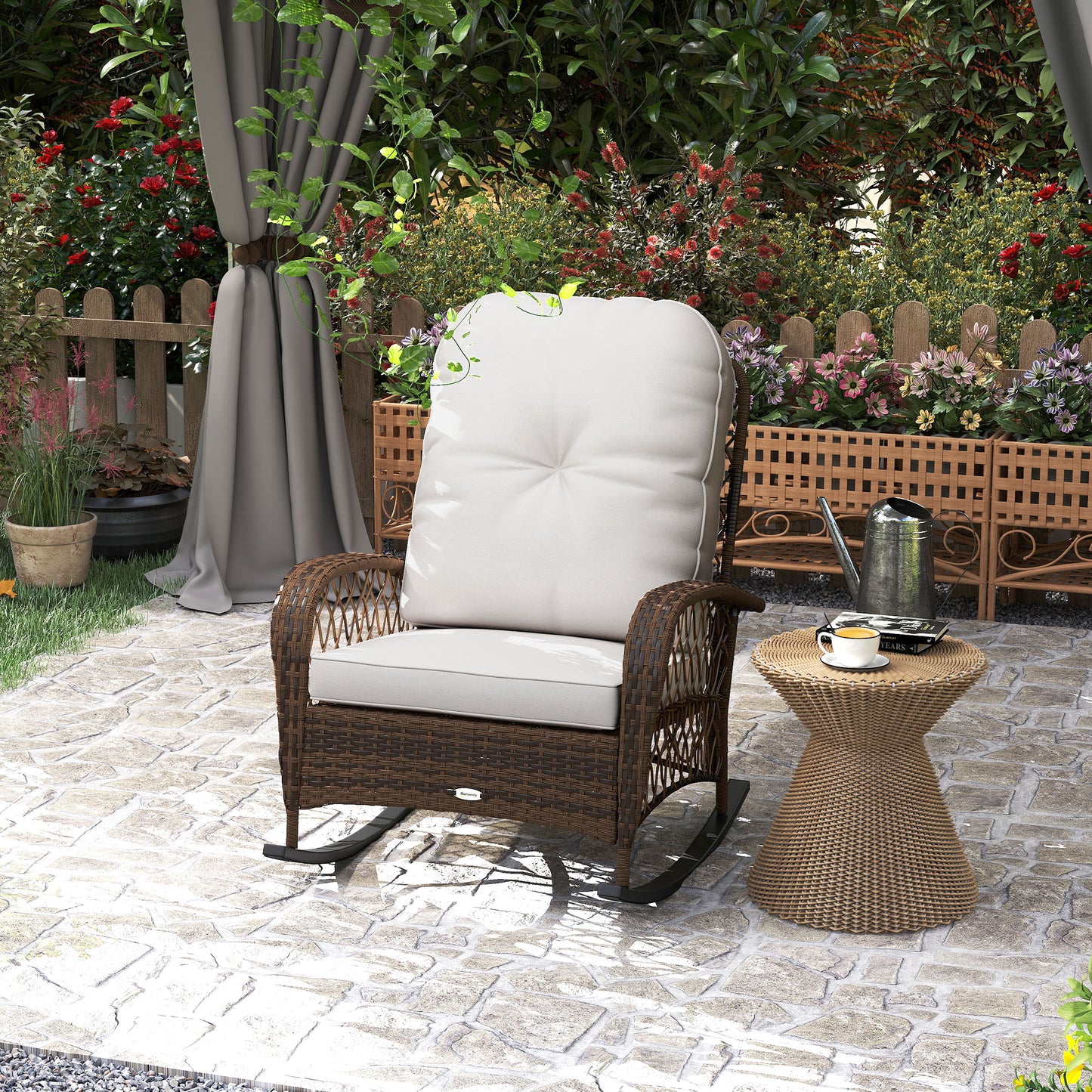 Outdoor Wicker Rattan Rocking Chair Patio Rocker with Thick Cushions for Garden Backyard Porch, Light Green - Beige