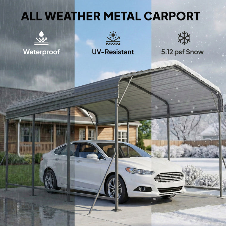10' x 15' Dark Grey Metal Carport with Galvanized Steel Roof