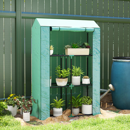 Green Mini Greenhouse with 3-Tier Shelves & Roll-Up Doors