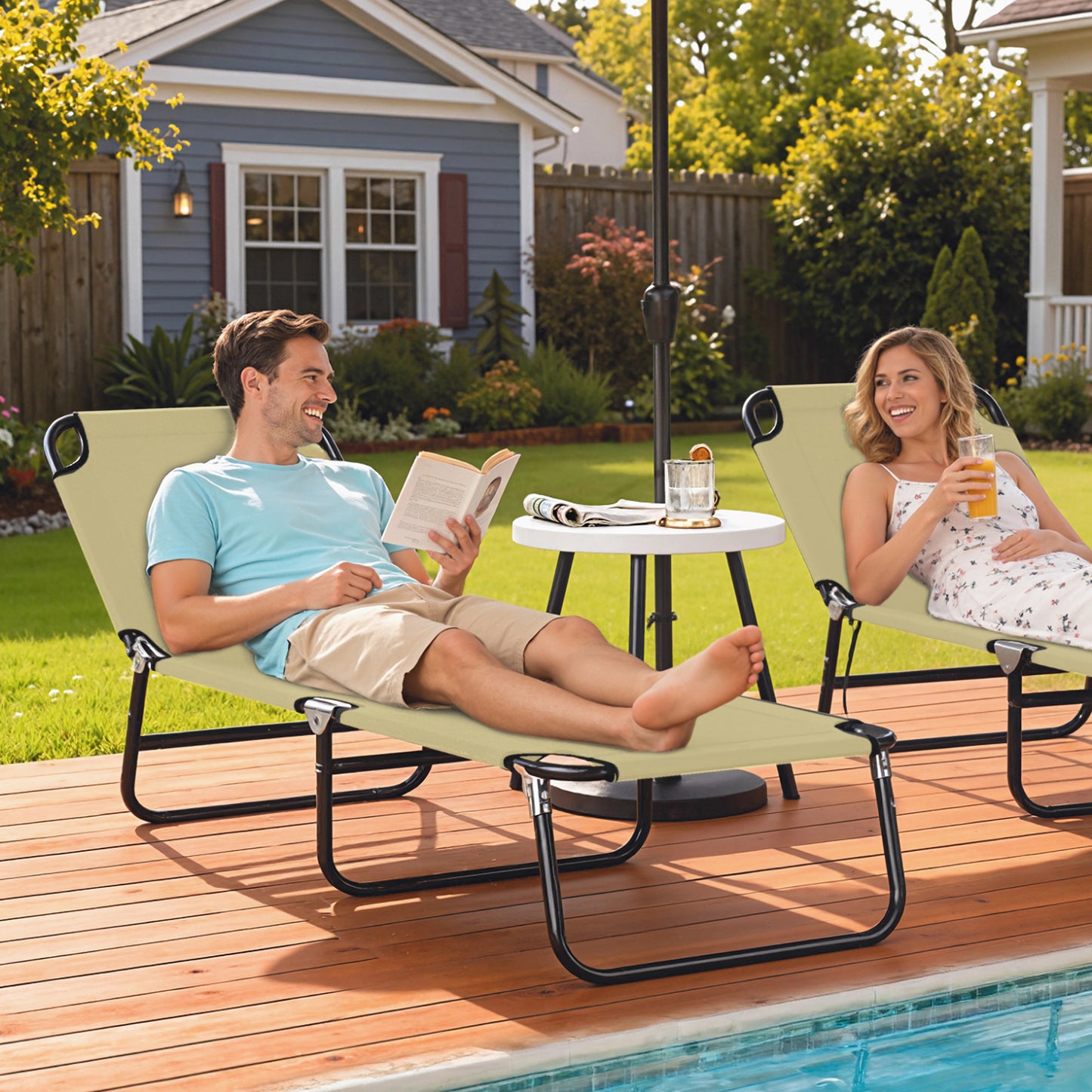 Outdoor Folding Lounge Chair, Steel Tanning Chair with Reclining Back, Breathable Mesh for Beach, Yard, Patio, Red - Cream White