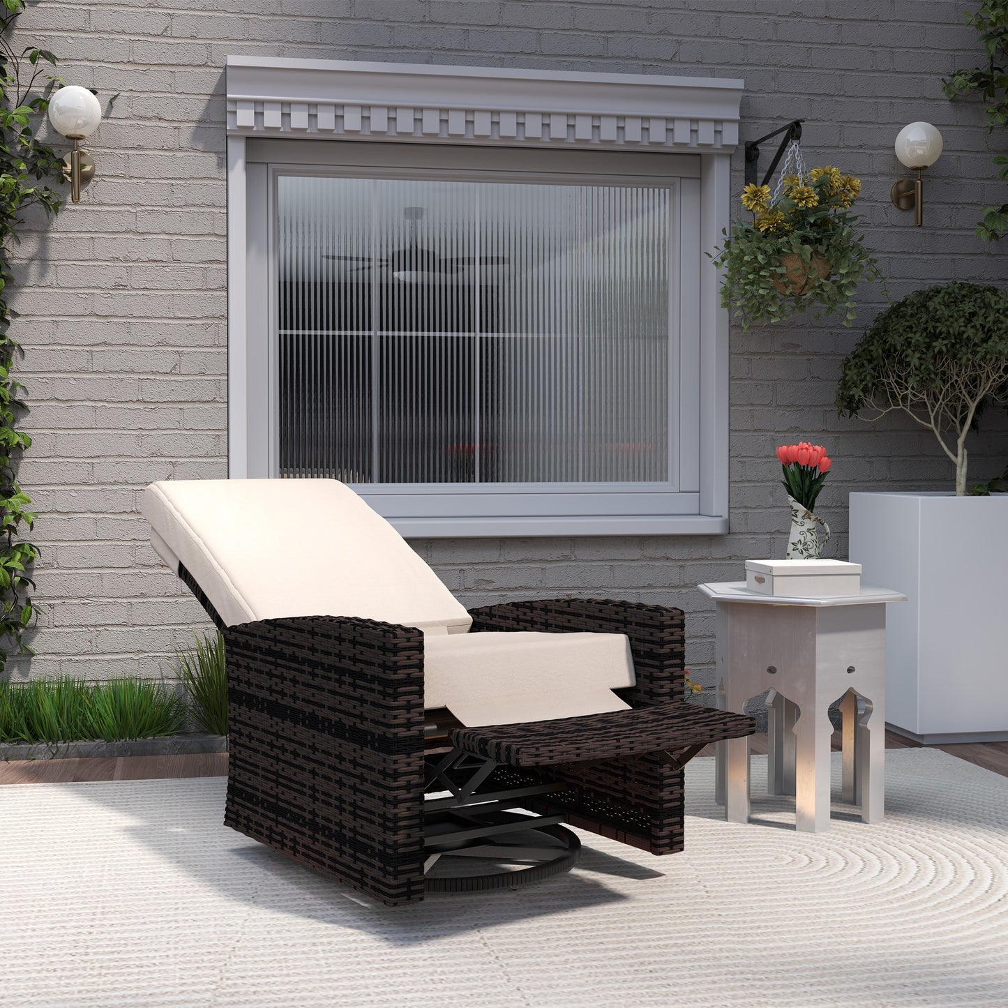 Outdoor Rattan Wicker Lounge Chair with Footrest & Soft Cushion for Patio, Garden, Backyard, Cream White